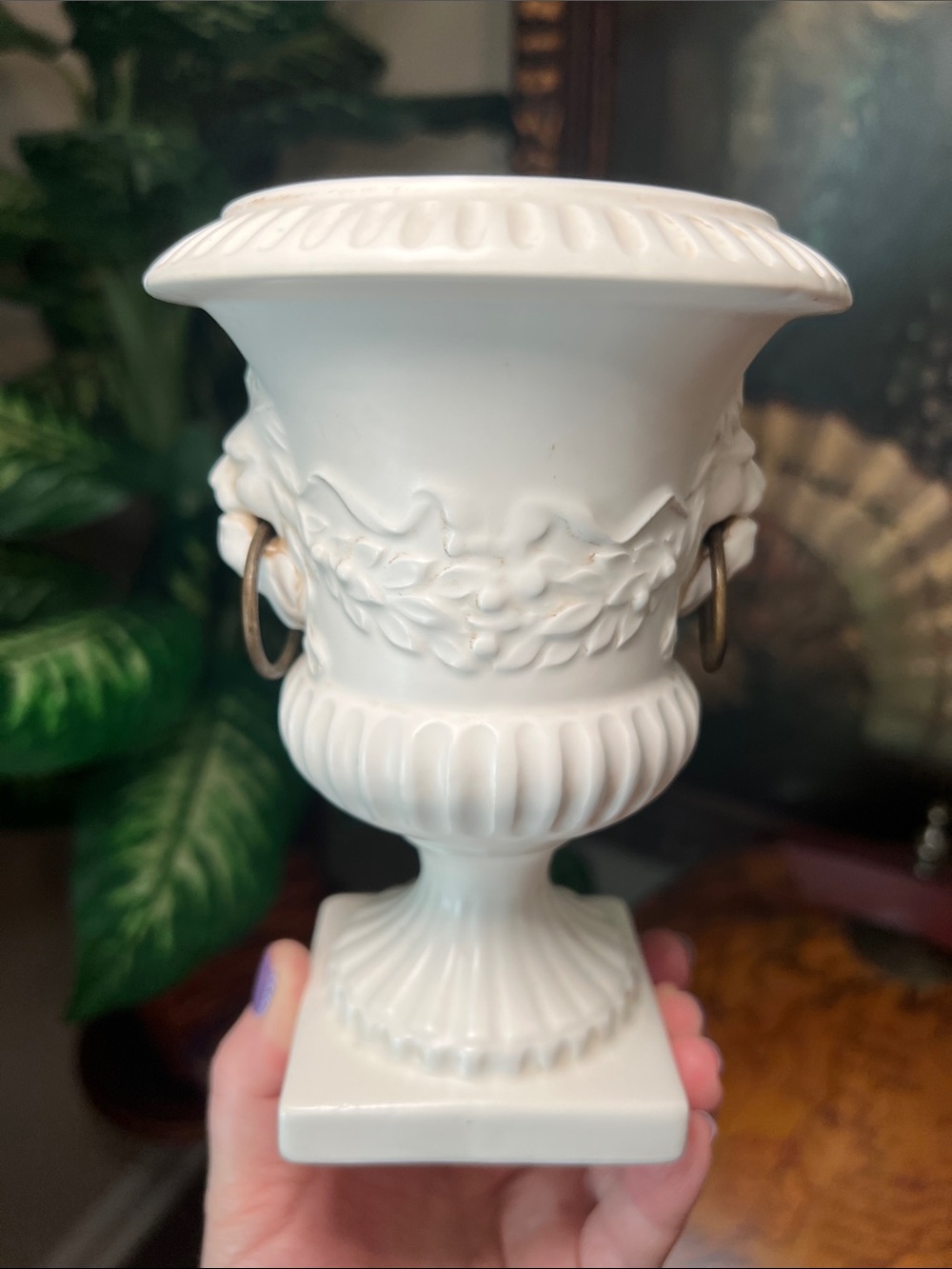 RARE Vintage Napco Ceramic Lion Head Urn Vase with Metal Ring Handles